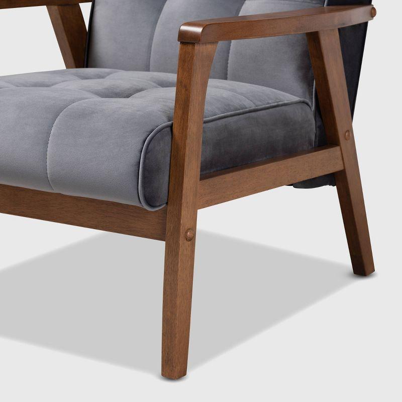 Mid-Century Modern Gray Velvet Accent Chair with Walnut Wood Frame