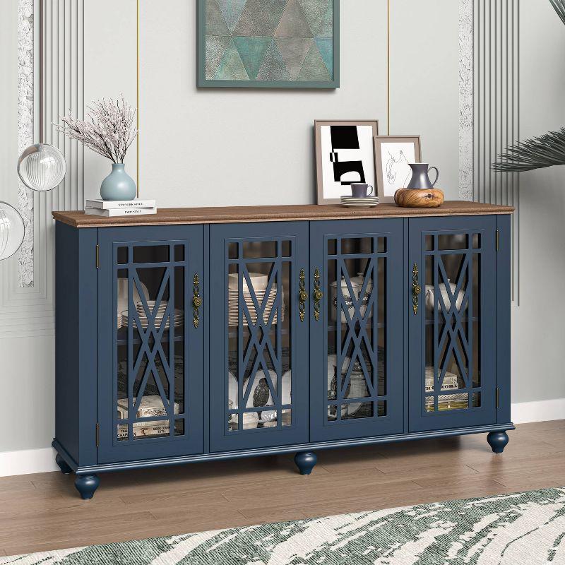 63" Navy Vintage Wood Buffet Sideboard with Glass Doors