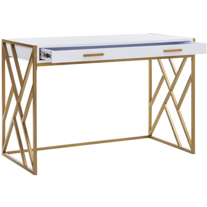 Transitional White and Gold Home Office Desk with Dual Drawers