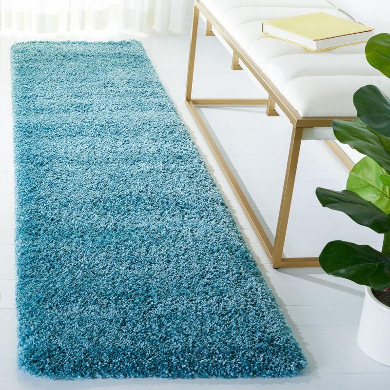 Aqua Blue Hand-Knotted Shag Synthetic Rug, 2' x 16'