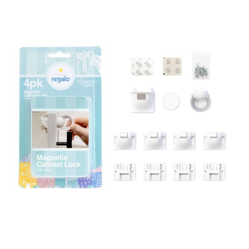 White Magnetic Cabinet and Drawer Lock with Key, 4-Pack