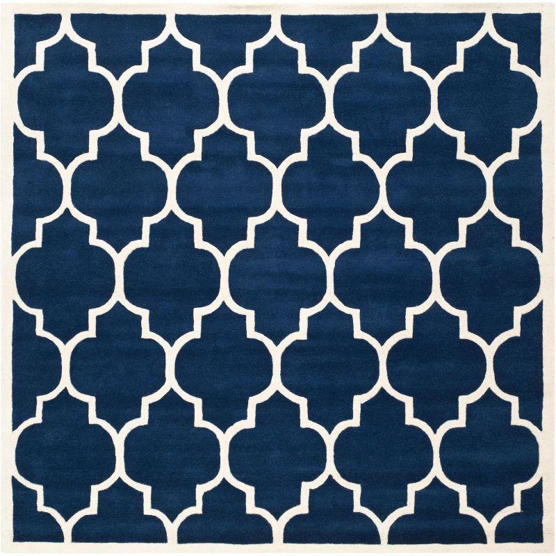 Elegant Geometric Hand-Tufted Wool Area Rug in Dark Blue and Ivory, 5' Square