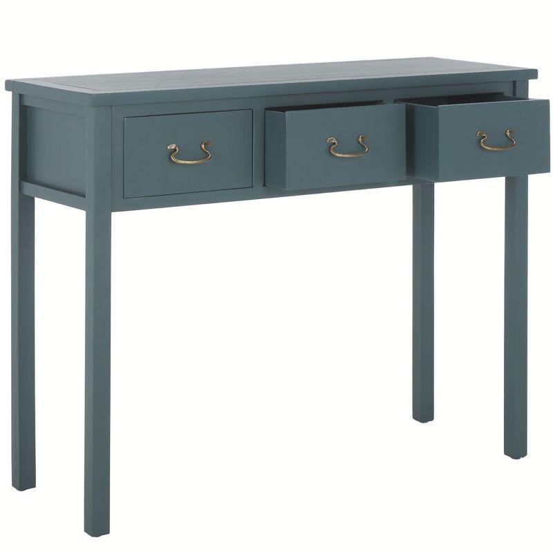 Transitional Slate Teal 3-Drawer Rectangular Console Table with Brass Hinges