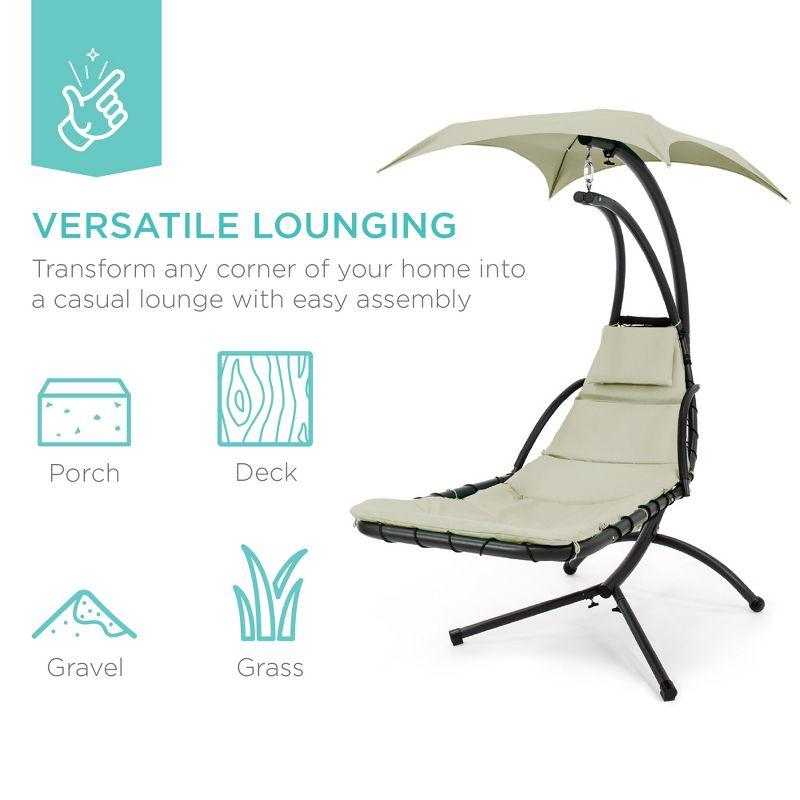 Best Choice Products Hanging Curved Chaise Lounge Chair Swing for Backyard, Patio w/ Pillow, Shade, Stand - Sage