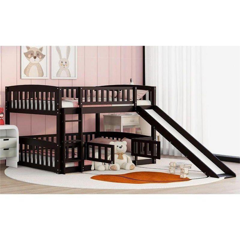 Streamdale Bunk Bed With Slide, Full Over Full Low Bunk Bed With Fence And Ladder For Toddler Kids Teens, Espresso