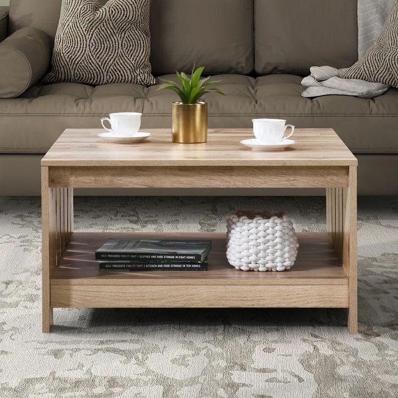 AndMakers 31.5 in. Farmhouse Oak Square Coffee Table with Open Storage for Living Room