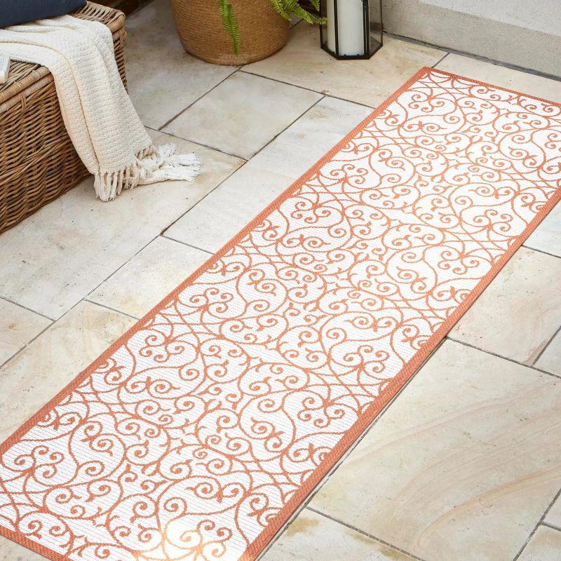 2' x 10' Madrid Vintage Filigree Textured Weave Indoor/Outdoor Runner Rug, Cream/Orange - JONATHAN Y