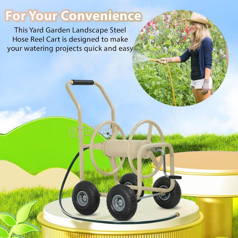 FDW Hose Reel Hold Up To 300 Ft Heavy Duty Garden Hose Reel Sturdy Water Hose Reel Cart with 4 Wheels Storage Basket for Garden Lawn Yard  (Tan)