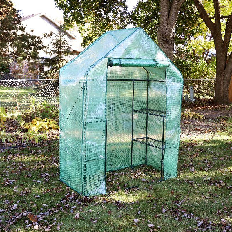 Sunnydaze Outdoor Portable Tiered Growing Rack Deluxe Walk-In Greenhouse with Roll-Up Door - 4 Shelves - Green