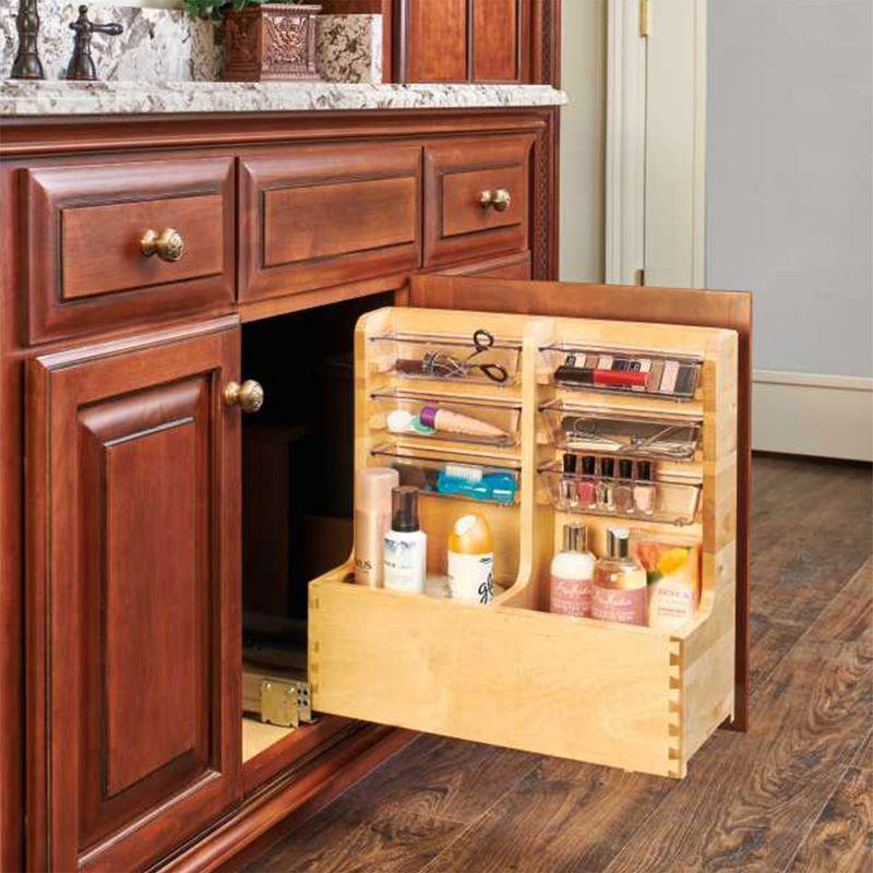 Rev-A-Shelf Floor Mount L Shaped Wood Sink Vanity Cabinet Base Storage Organizer with Soft Close Slides and Bins