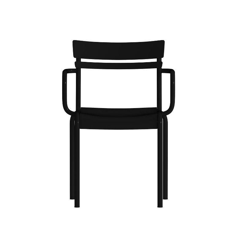 Emma and Oliver Set of 2 Powder Coated Steel Stacking Dining Chairs with Arms and 2 Slat Backs for Indoor-Outdoor Use in Black