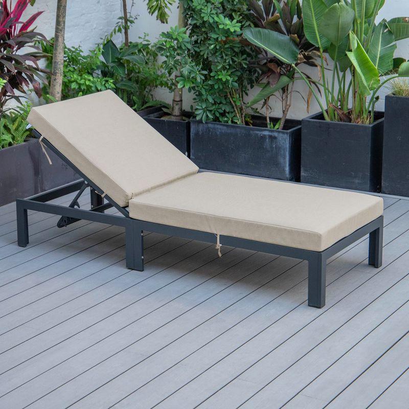 LeisureMod Chelsea Outdoor Chaise Lounge Chair with Cushions in Black Aluminum, Beige