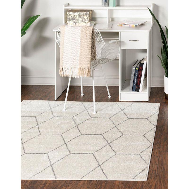 Ivory and Gray Trellis Square Synthetic Area Rug