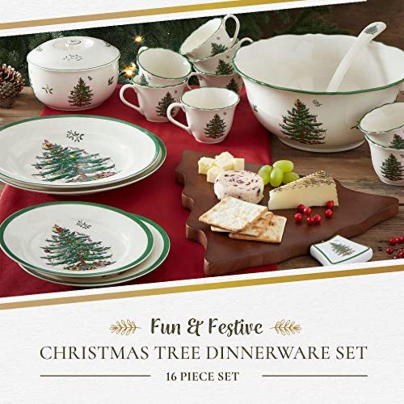 Spode Christmas Tree Collection 16-Piece Dinnerware Set, 10" Dinner Plate, 7.25" Salad Plate, 16 oz Cereal Bowl, 9 oz Mug