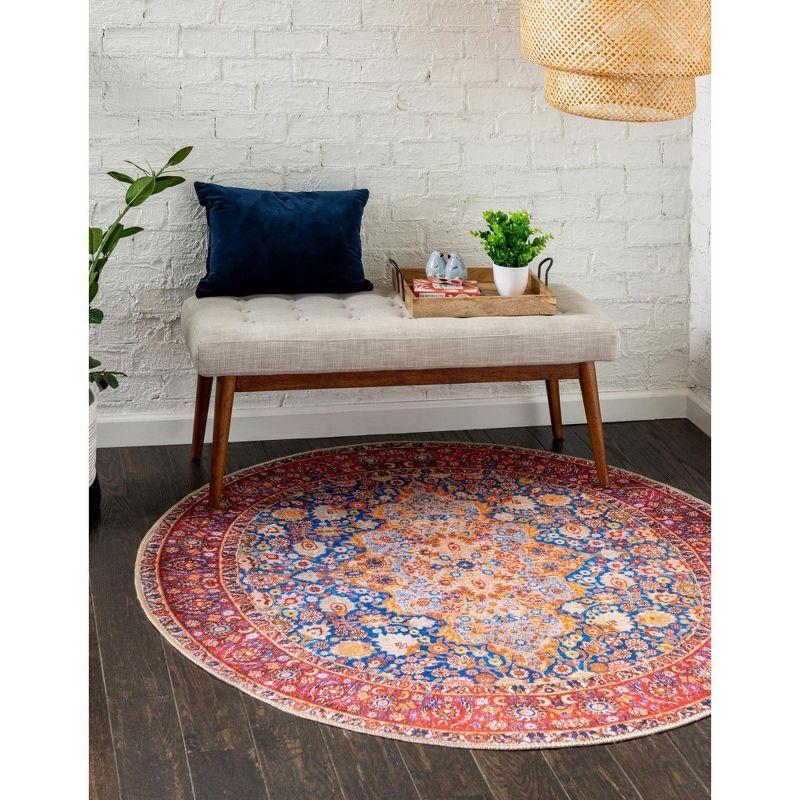 Navy Blue and Red Round Chenille Medallion Rug