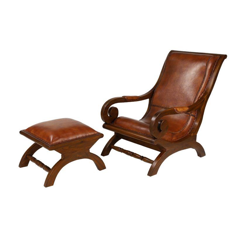 Handcrafted Brown Leather and Teak Wood Accent Chair with Ottoman