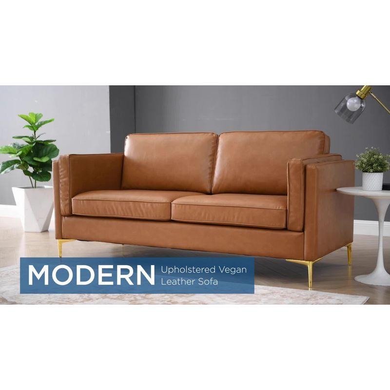 Kaiya Vegan Leather Sofa Tan - Modway: Mid-Century Modern Design, Gold Metal Accents, Dense Foam Padding