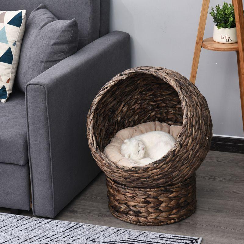 Small Round Dark Brown Wicker Cat Bed with Beige Cushion