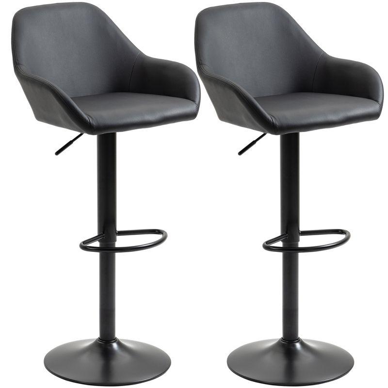 HOMCOM Adjustable Bar Stools Set of 2, Swivel Barstools with Footrest and Back, PU Leather and Steel Round Base, for Kitchen Counter, Black