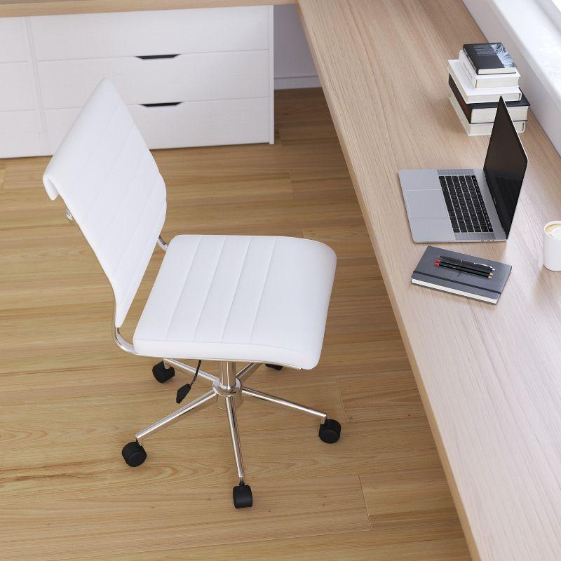 Merrick Lane White Ergonomic Swivel Office Chair Ribbed Faux Leather Back and Seat Mid-Back Armless Computer Desk Chair with Chrome Base