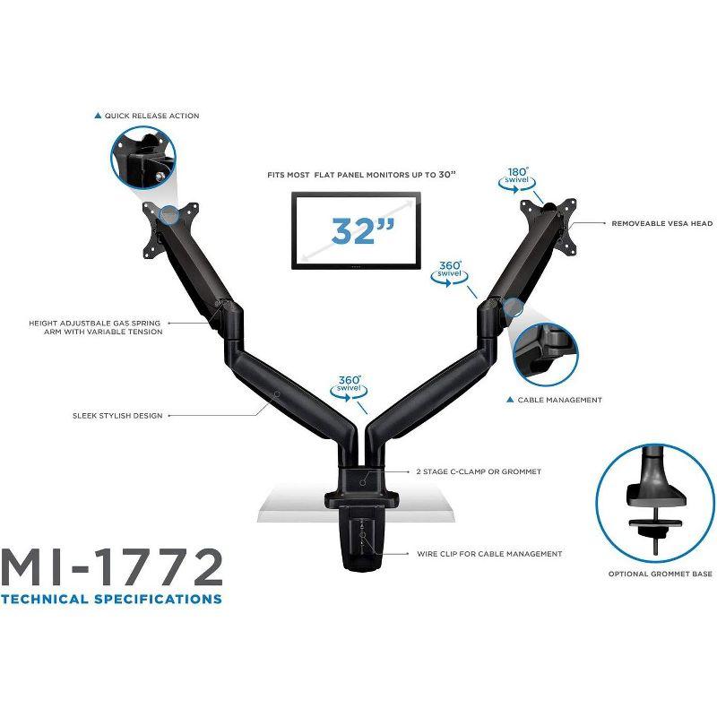 Mount-It! Dual Monitor Arm Mount Desk Stand Two Articulating Gas Spring Height Adjustable Arms | Fits Up To 32" | C-Clamp and Grommet Bases | Black