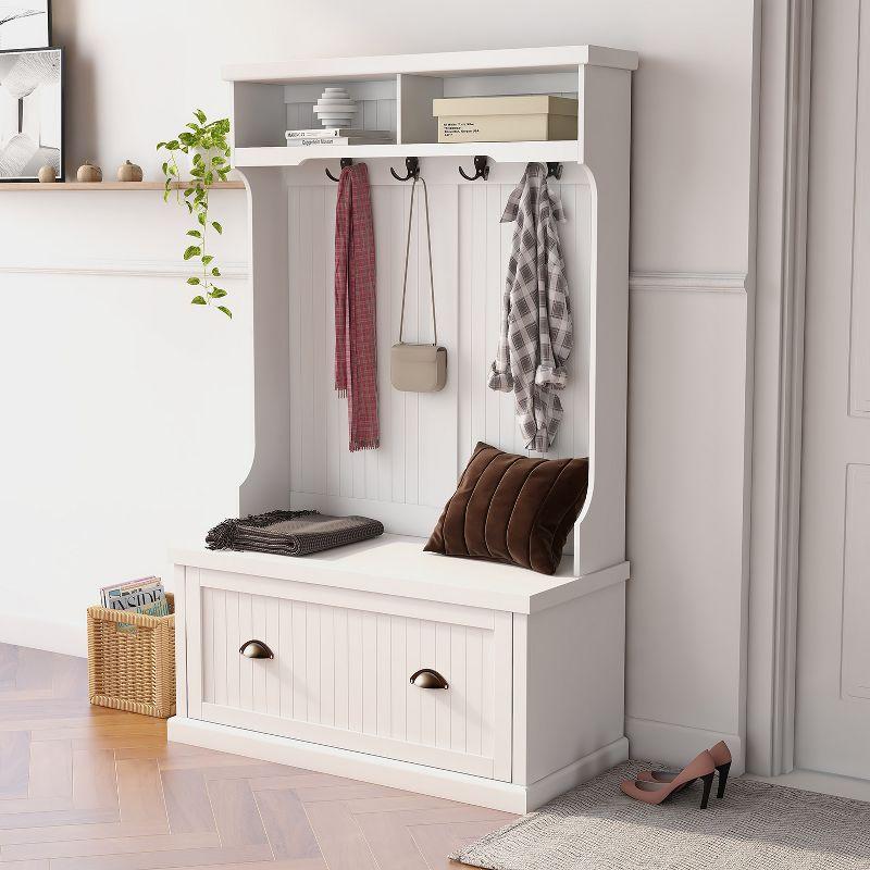 AndMakers White Wood Hall Tree with Bench Shoe Cabinet