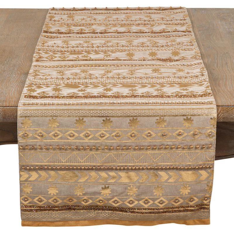 Beige and Gold Cotton Bohemian Table Runner with Beaded Design