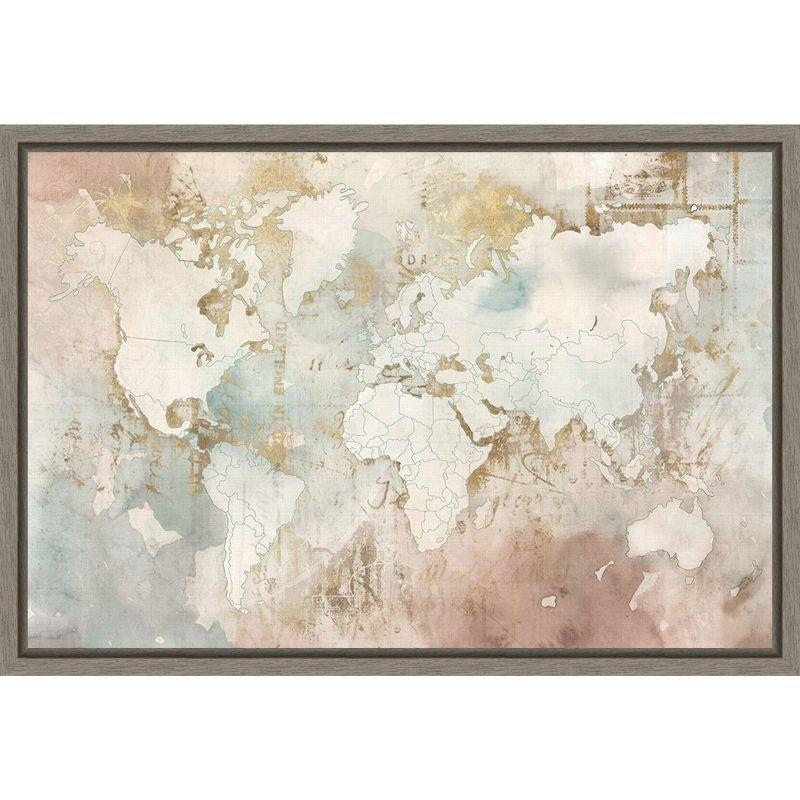 Blushing World Map Framed Canvas Print in Beige and Pink