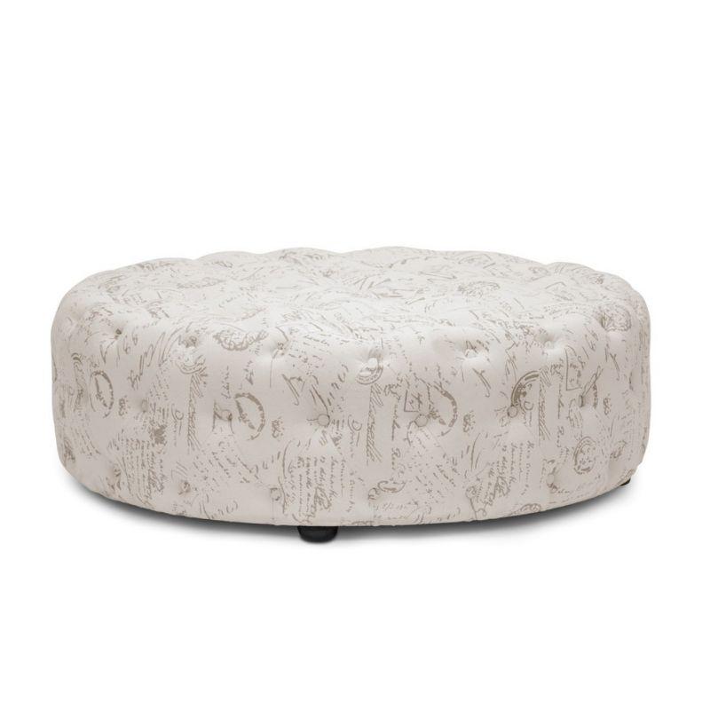 Cardiff Beige Script Print Round Tufted Linen Ottoman