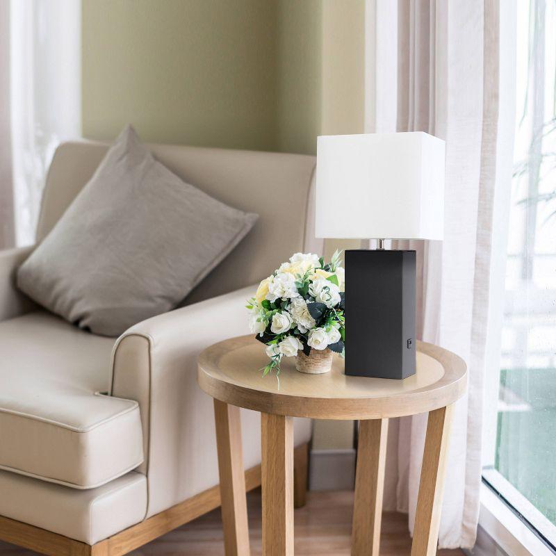 Lalia Home 21" Lexington Leather Base Modern Home Decor Bedside Table Lamp with USB Charging Port and Fabric Shade Black/White: UL Listed