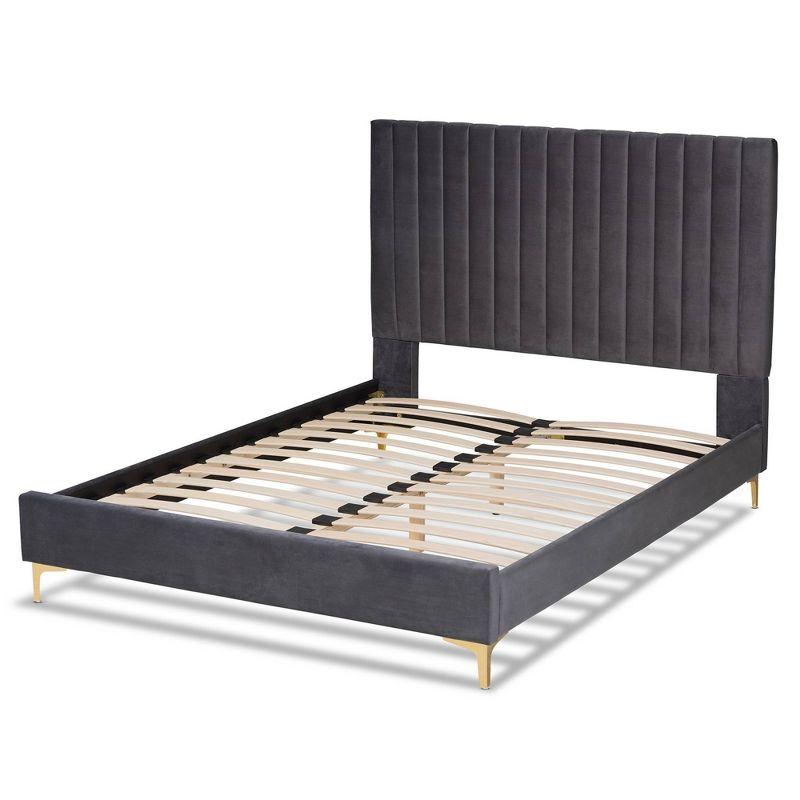 Queen Serrano Velvet Fabric Upholstered and Metal Platform Bed Gray/Gold - Baxton Studio: Channel Tufted, No Box Spring Needed