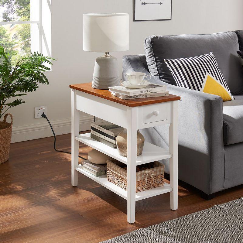 Narrow End Table with Charging Station, Side Table with 2 USB Ports & 2 Outlets, Nightstand Sofa Bedside Table with 2 Open Storage Shelves & Drawer