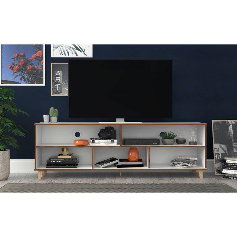 Warren TV Stand for TVs up to 65" Dark Brown - Manhattan Comfort: Splayed Oak Legs, Pine Wood, Open Shelving