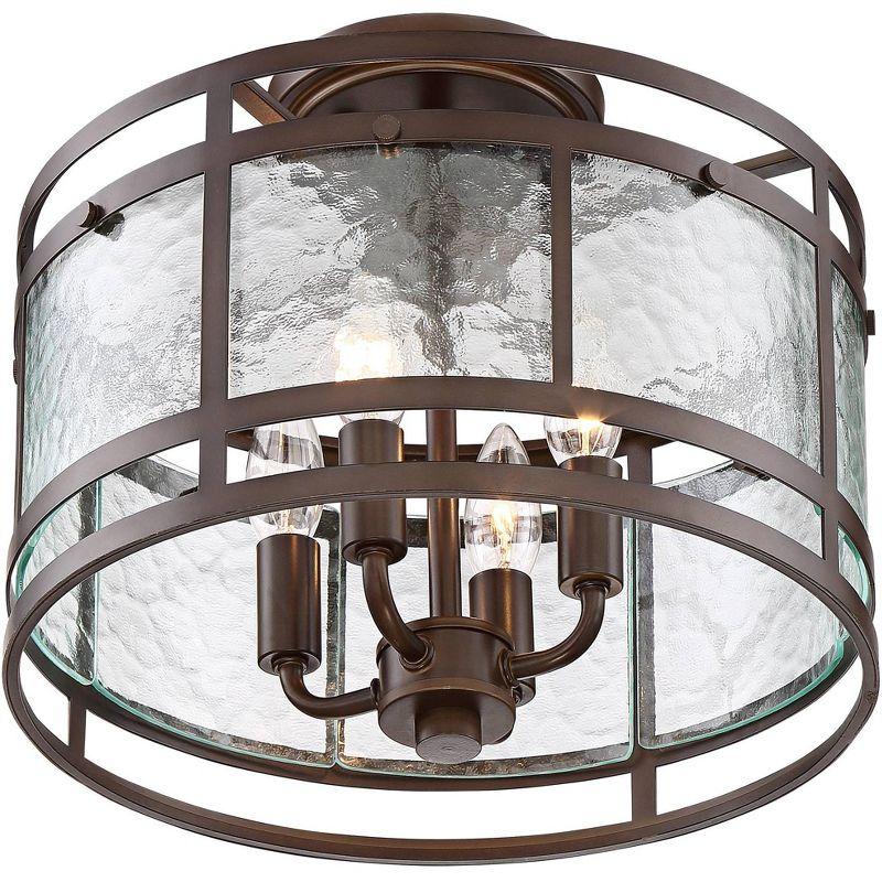 Franklin Iron Works Elwood Modern Ceiling Light Semi Flush Mount Fixture 13 1/4" Wide Oil Rubbed Bronze 4-Light Water Glass Drum Shade for Bedroom