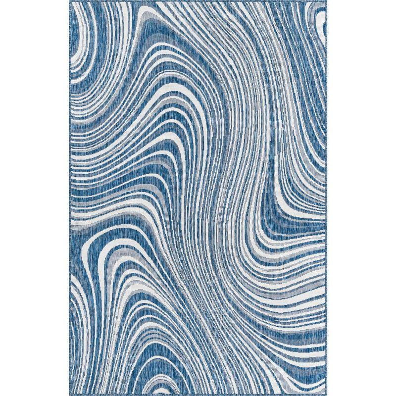 Blue and White Rectangular Outdoor Stain-Resistant Rug