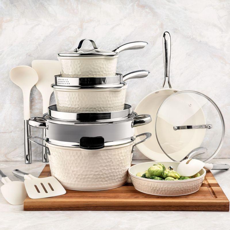 Gotham Steel Hammered Cream 15-Piece Ultra Ceramic Nonstick Cookware Set with Utensils