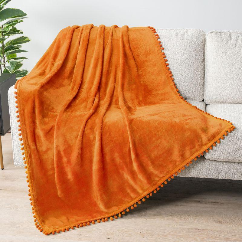 Orange Fleece Throw Blanket with Pom Pom Fringe, 50" x 60"