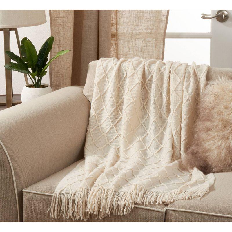 Ivory Cotton Knitted 50"x60" Reversible Throw with Fringed Edges