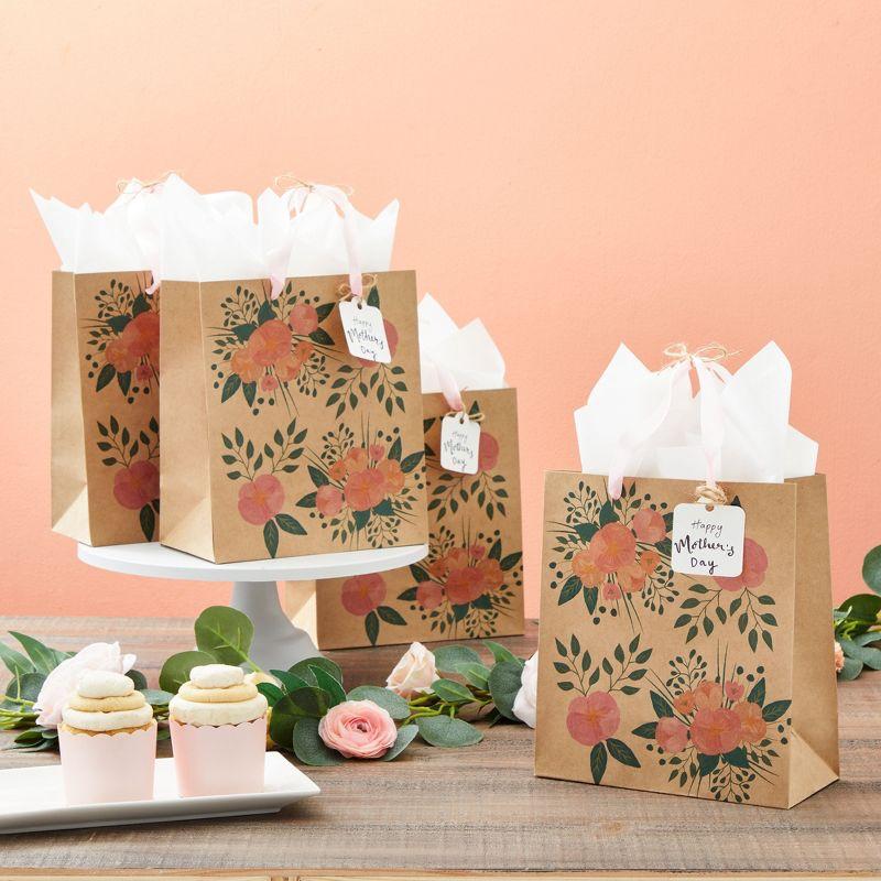 Juvale 24 Pack Kraft Paper Floral Gift Bags with Pink Ribbon Handles, 8x4x9 Inches, 2 Designs, For Themed Party Favors