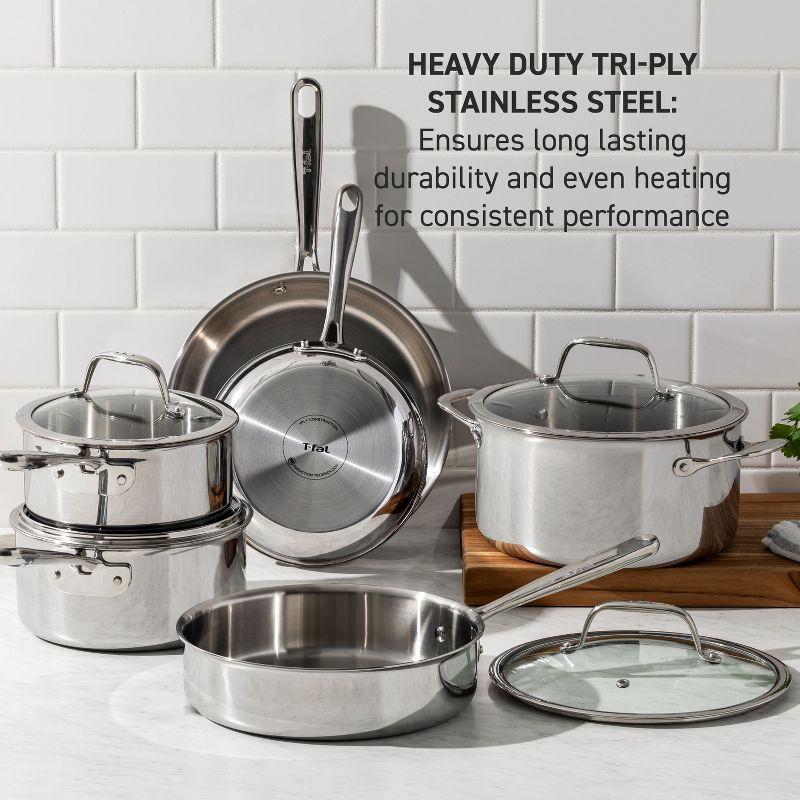 T-fal Pro Tri-Ply Stainless Steel, 10 Piece Cookware Set, Silver