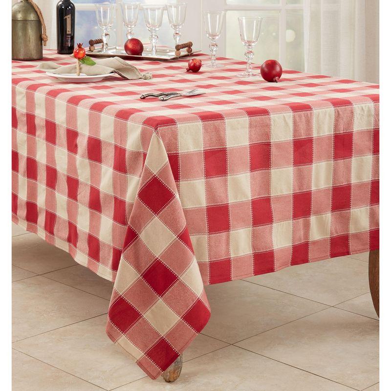 Red and Beige Stitched Plaid Cotton Poly Tablecloth