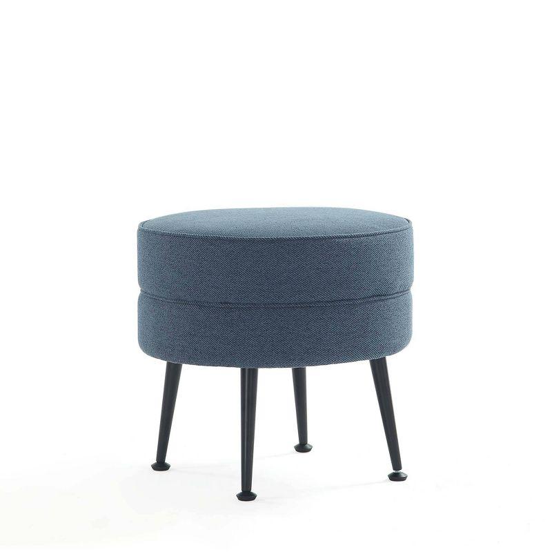 Bailey Blue Round Upholstered Ottoman with Black Stainless Steel Legs