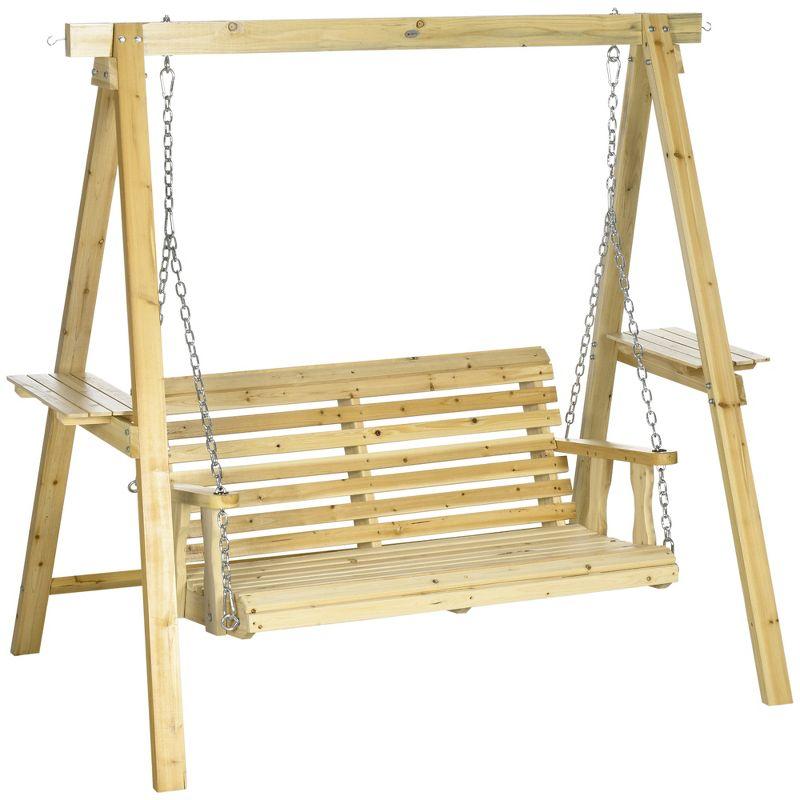 Outsunny 2-Seat Outdoor Swing Chair, Porch Swing with Stand and Side Tables, for Garden, Poolside, Backyard, Natural