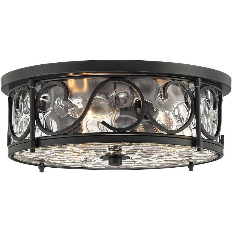 Matte Black Rustic Flush Mount Ceiling Light with Hammered Glass