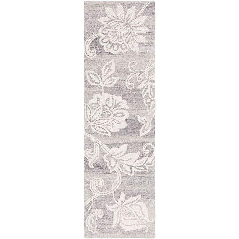 Grey/Ivory Floral Handmade Wool Runner Rug, 2'3" x 8'