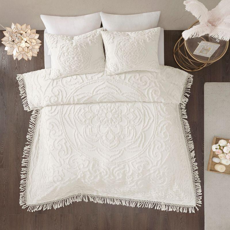 Laetitia Tufted Chenille Cotton Medallion Fringe Coverlet Set