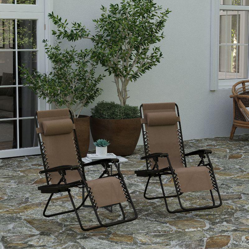 Brown Folding Mesh Zero Gravity Chair Set with Pillow and Tray