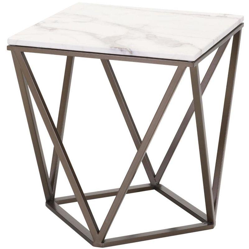 White Marble and Antique Brass Geometric Accent Table