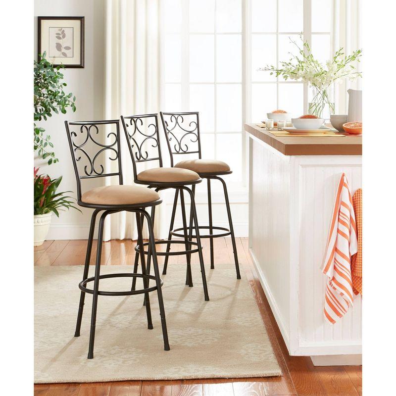 Adjustable Black Metal Swivel Barstools with Tan Microfiber Seats, Set of 3