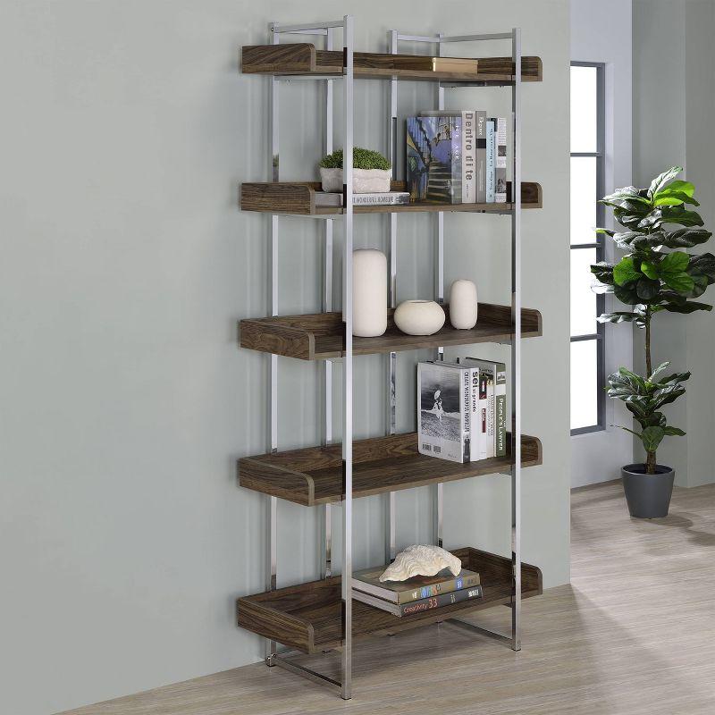 Contemporary Walnut and Chrome 5-Shelf Bookcase